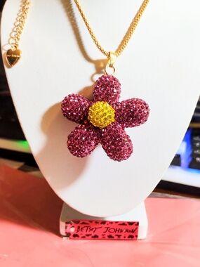 Betsey Johnson Gold-Chain Pink Crystal Flower Pendant with Yellow Center